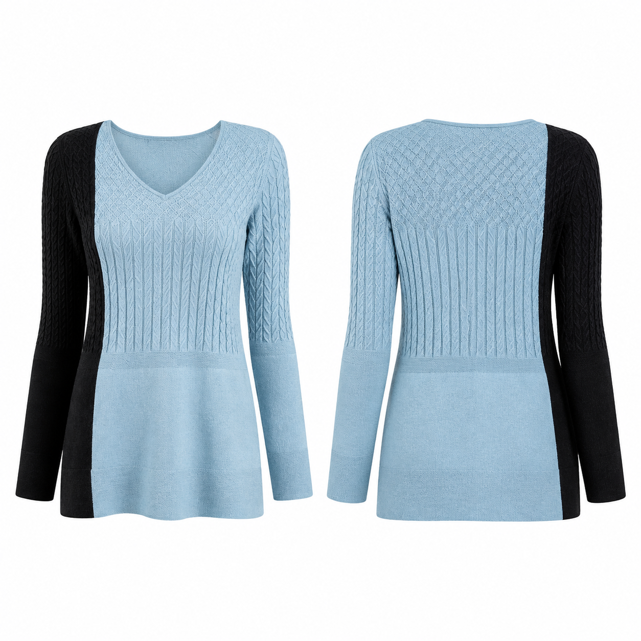 Powder Blue and Black Color-Block Texture Sweater