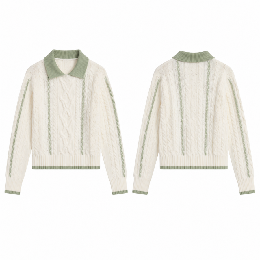Cream Cable Knit Polo with Sage Green Trim