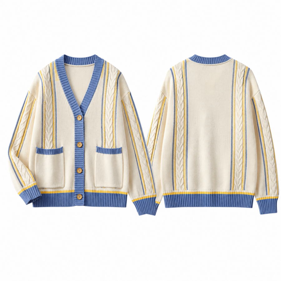 Cream Stripe Cable Cardigan with Blue Yellow Trim