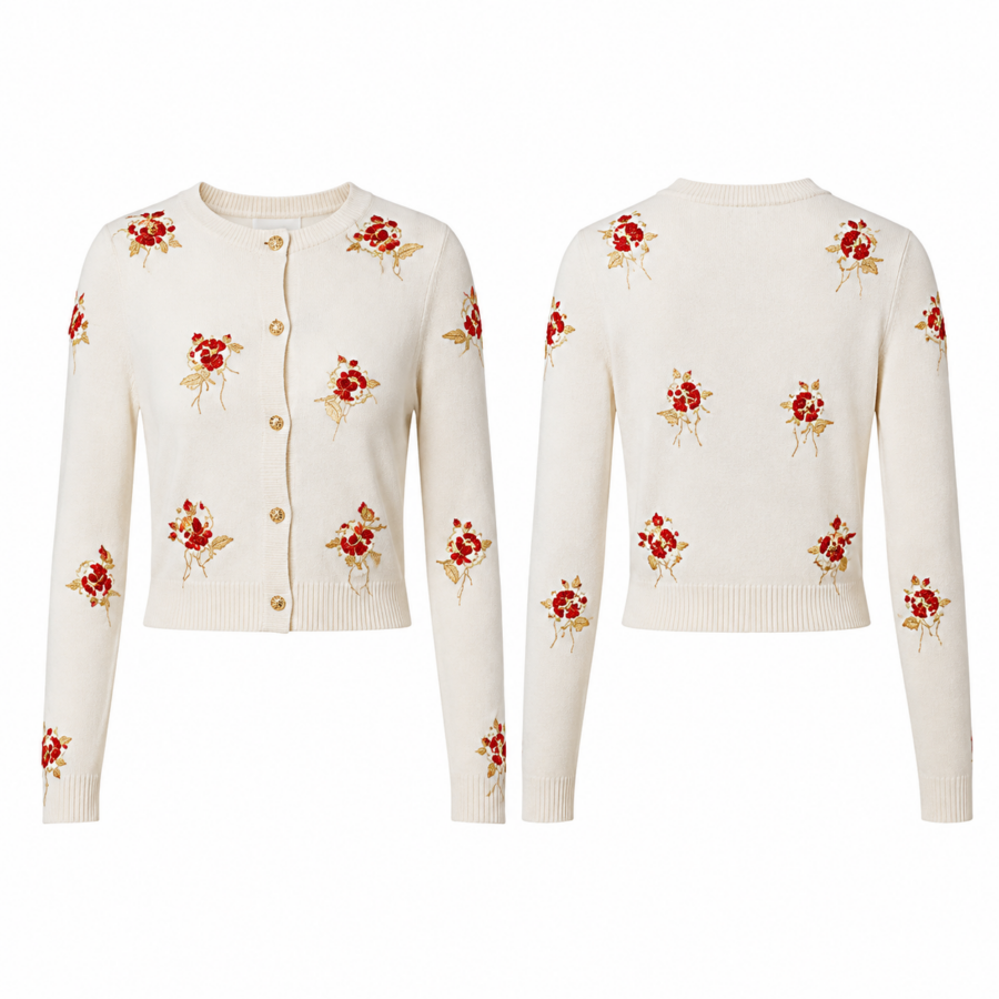 Cream Cropped Cardigan with Red Floral Embroidery