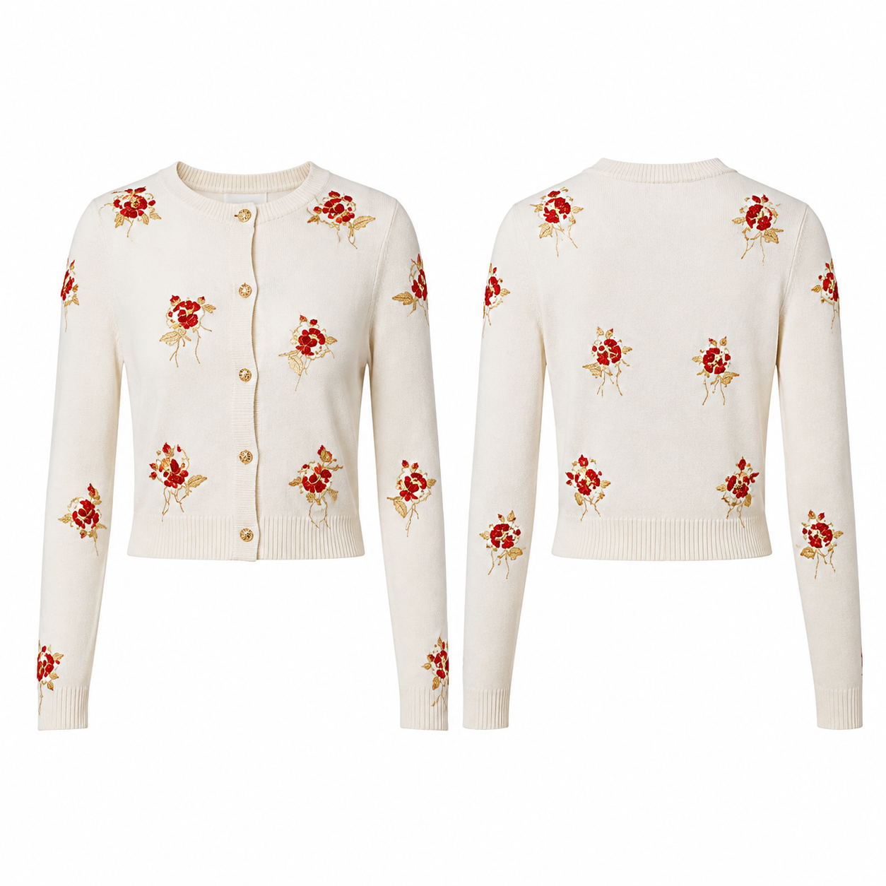 Cream Cropped Cardigan with Red Floral Embroidery