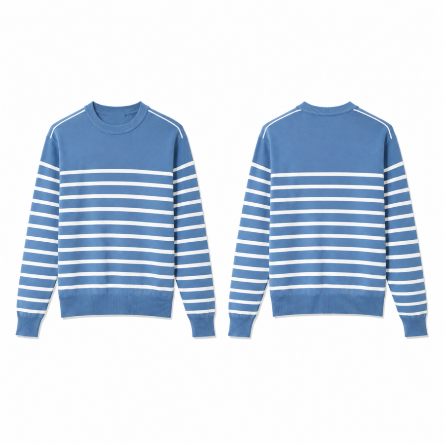 Cerulean Blue Crewneck with White Horizontal Stripes