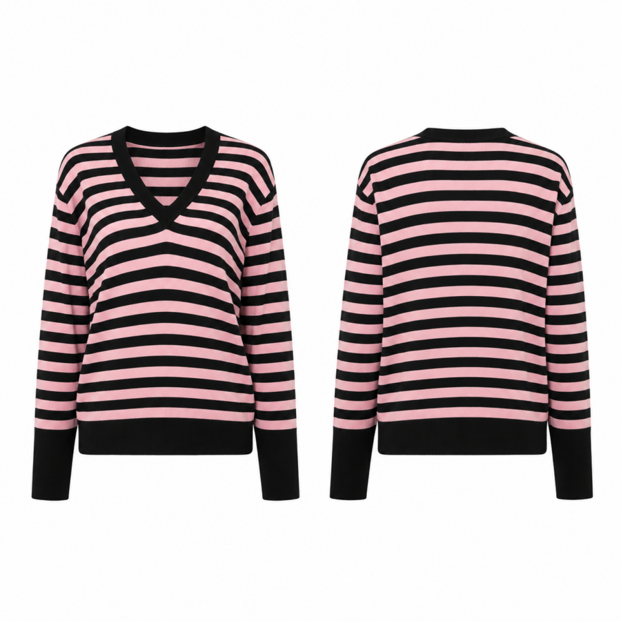 Pink and Black Stripe V-Neck Sweater
