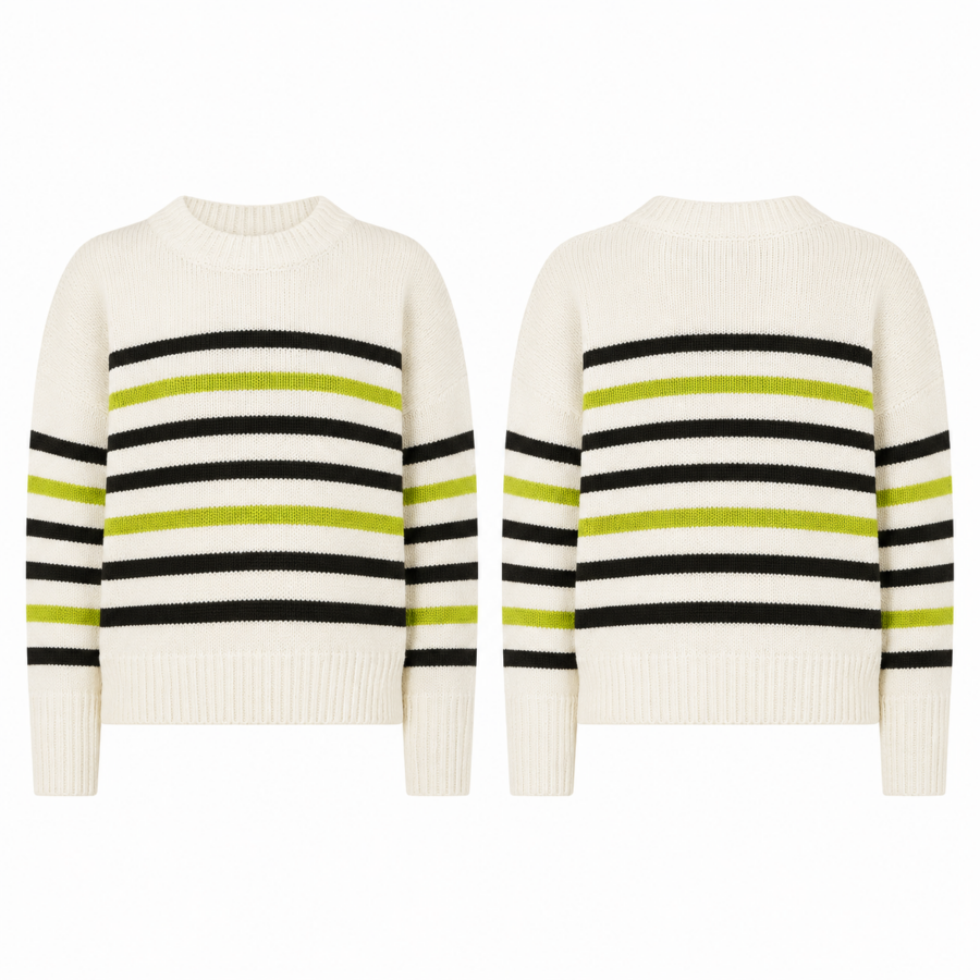 Cream Black and Lime Stripe Crewneck Sweater
