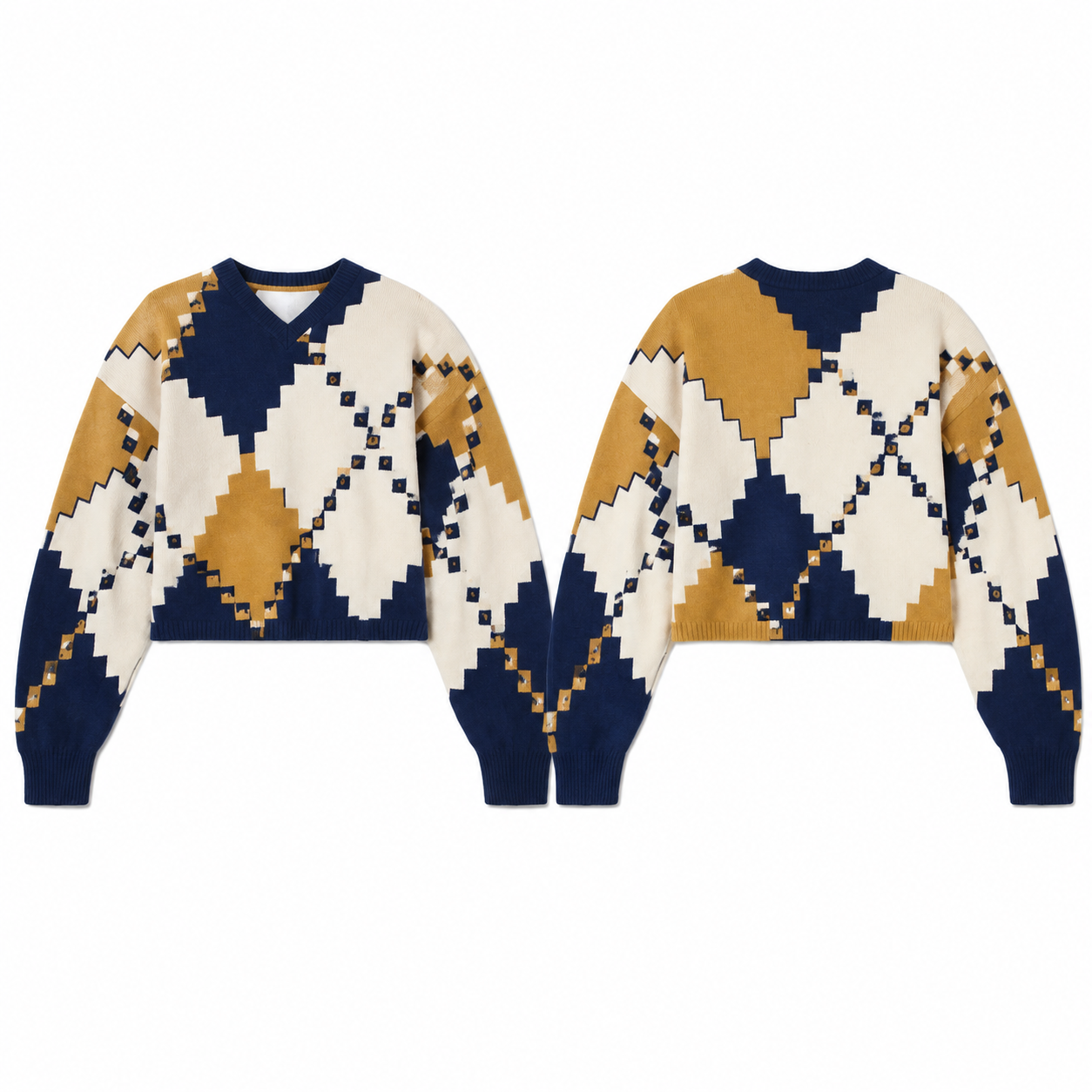 Navy Mustard Pixel Argyle Cropped V-Neck Sweater